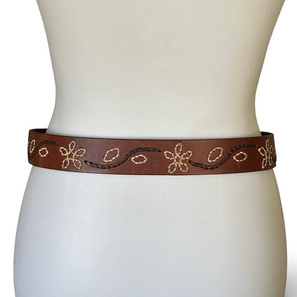 VTG 90s Nordstrom Handmade Leather Floral Stitched Belt Brown Sz M